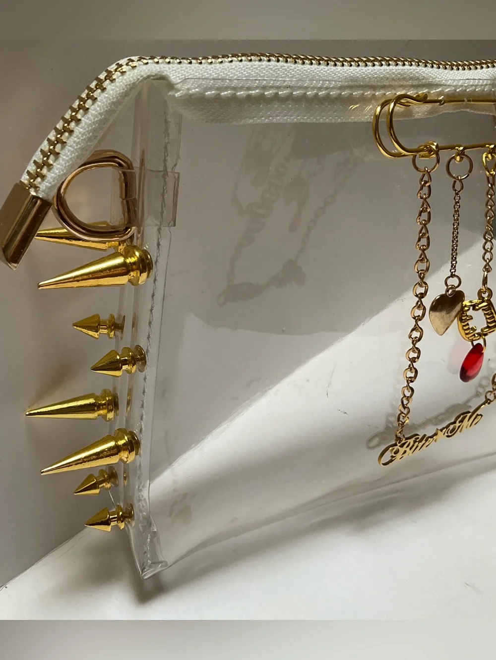 BITE ME Spike Studded Gothic Transparent Bag Crossbody Clear Clutch Gold